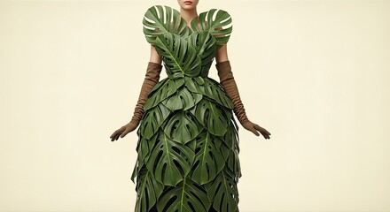 Creative fashion design featuring a unique dress made entirely from vibrant green Monstera leaves, worn by a person with long gloves.