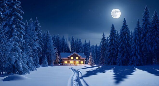 Snowy cabin scene at night under full moon with trees and winter landscape