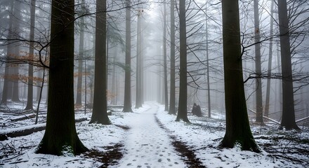 Snowy forest path with tall trees shrouded in atmospheric mist