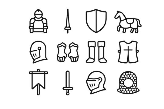 Tournament Knight Icons. Tournament Knight. Line icon set of Tournament Knight: armored knight, lance, shield, horse, helmet, gauntlets, boots, tabard, banner,