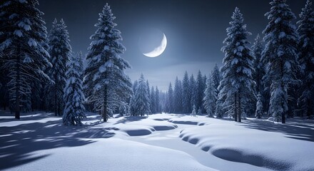 Snowy forest scene with crescent moon and fir trees winter landscape