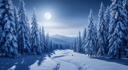 Snowy forest scene with full moon illuminating winter landscape at night