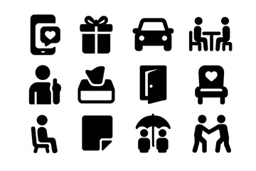 Everyday Support Icons. Everyday support. Solid icon set of Everyday support: morning text, gift box, ride offer, shared meal, advice icon, tissue box, open