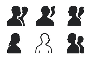 Soul Departure Icons. Soul leaving the body. Icon set. Set Logo of soul leaving the body: Two overlapping silhouettes (body and spirit). harmonious logo