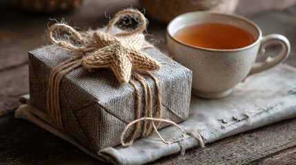 Eco Christmas Gift Wrapped With Straw Ornament And Jute