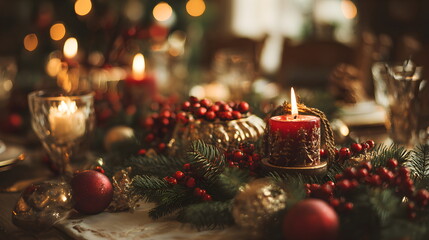 Rustic Christmas Table Scene With Pine and Candlelight