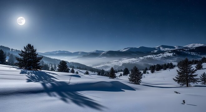 Snowy mountain landscape under a full moon in the night sky with pine trees