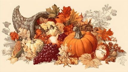 Intricate Line Art of a Traditional Harvest Cornucopia Filled with Pumpkins, Grapes, and Corn