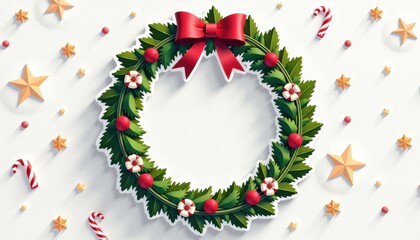 Christmas wreath with red ribbon and decorative stars on white background  