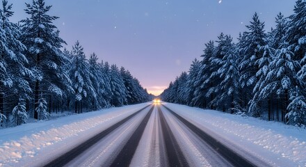 Snowy road through winter forest with star filled sky at dusk