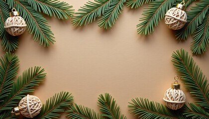 Evergreen branches with decorative ornaments on a golden background  