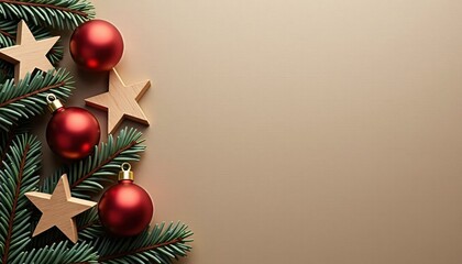 Christmas ornaments and pine branches on neutral background  