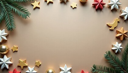Christmas decorations and stars arranged on warm background  
