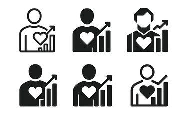Wellness Logo Variations. Personalized wellness plans. Icon set. Set Logo of personalized wellness plans: Person with heart and chart. harmonious