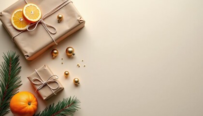 Wrapped holiday gifts with oranges and gold decorations on tabletop  