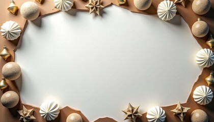 Decorative holiday ornaments arranged around a blank space  