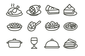 Festive Food Icons. Festive food. Line icon set of festive food: roast turkey, glazed ham, pumpkin pie, cranberry dish, stuffing scoop, steamed veggies, plate