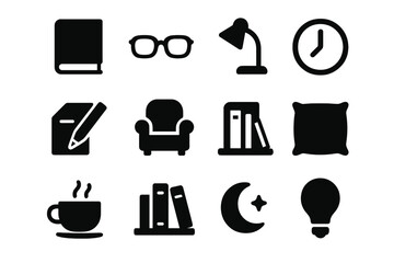 Reading Essentials Icons. Reading habit. Solid icon set of reading habit: book, glasses, lamp, pen, paper, chair, clock, cup, bookshelf, pillow, moon, light