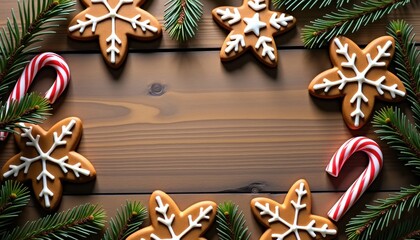 Gingerbread cookies in snowflake shapes with candy canes on wood  