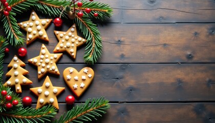 Gingerbread cookies arranged with pine branches and red decorations  