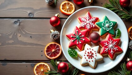 Colorful Christmas cookies arranged on a plate with festive decorations  
