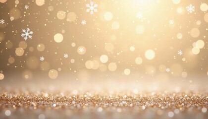 Golden glitter background with snowflakes and soft bokeh effect  