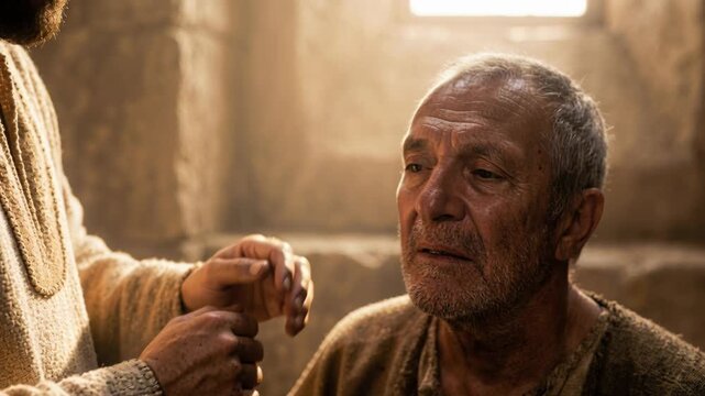 Cinematic Bible Scene: Jesus Christ Healing a Blind Man. Miracle of Sight Restoration. New Testament Gospel of John