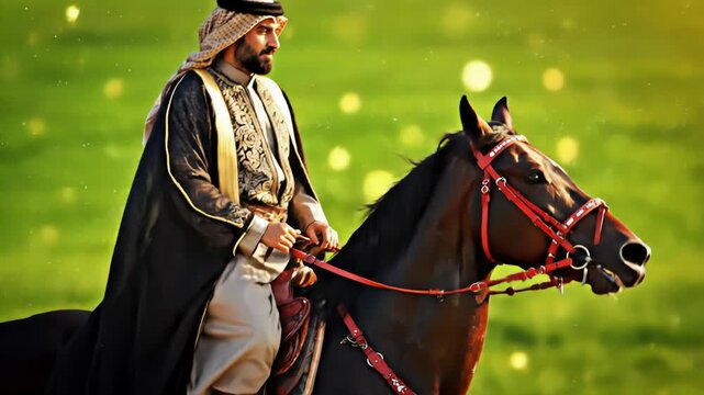 A man dressed in traditional thawb and ghutra rides a bay horse through a vibrant green meadow. Golden hour sunlight illuminates the scene with lens flare and bokeh effects.