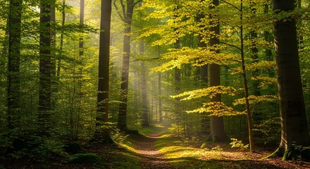 Sunlit forest path trees and foliage create serene nature landscape