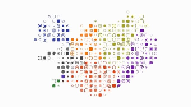 Iceland map animation. Shape of the country with pulsating colored dots. Large size rounded square blocks. Digital style Iceland map on white background. Classy video.