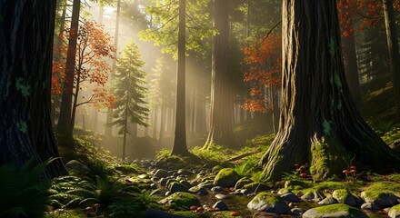 Sunlit forest scene with trees and stream surrounded by lush vegetation