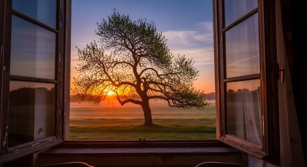 Sunrise view through open window of a solitary tree in scenic landscape