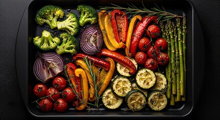 A top-down view of a tray filled with roasted colorful vegetables, ready to eat.