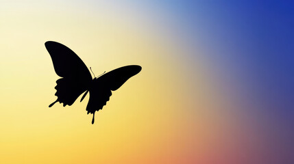 Fototapeta premium Silhouette of butterfly flying against soft gradient sky with warm yellow and cool blue tones creating peaceful mood