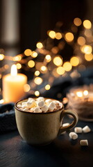 Warm cocoa with marshmallows and fairy lights, cozy golden hour scene