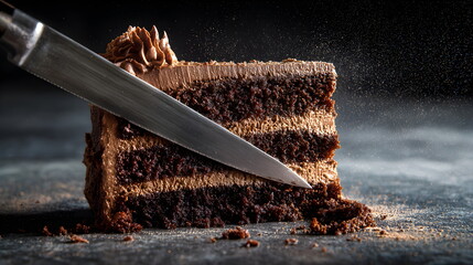 Close-up of chocolate cake slice being cut with knife