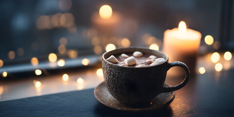 Top-down view of hot chocolate mug with marshmallows and candle bokeh