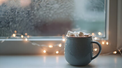 Minimalist holiday hot chocolate with marshmallows on frosty window