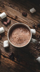 Rustic wooden table with white mug of cocoa, marshmallows and beans