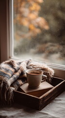 Minimalist cozy autumn scene with hot chocolate and book