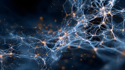 Cyberpunk AI network visualization, glowing ethereal neural web, digital deep learning threads on dark background