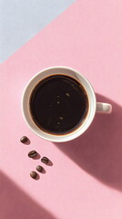 Minimalist flat lay of coffee cup on pastel background with beans