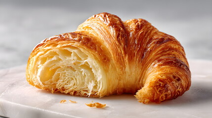 Croissant with bite revealing fluffy layers on marble surface