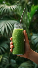 Vibrant green smoothie in glass bottle, focus on condensation
