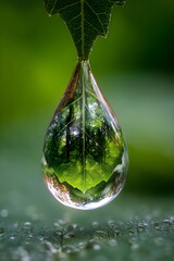 Macro photography of water droplet reflecting a miniature forest on leaf