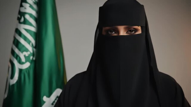 A woman in a black niqab and hijab stands in front of a green national flag with white Arabic script and a sword.