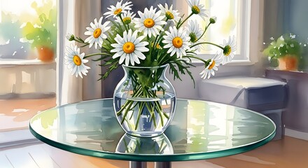 Vase of daisies on glass table in bright room with natural sunlight