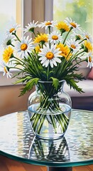 Vibrant bouquet of daisies and dandelions in a glass vase on a reflective table