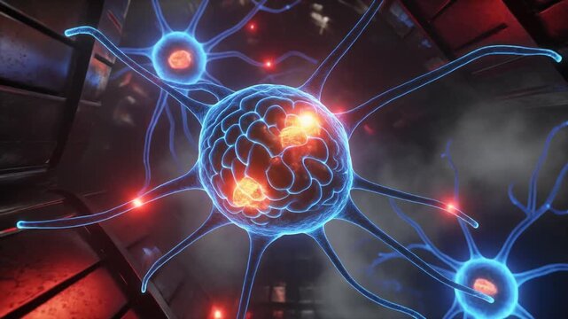 The glowing core of a futuristic Neurohive, showing a network of interconnected neurons and brain activity