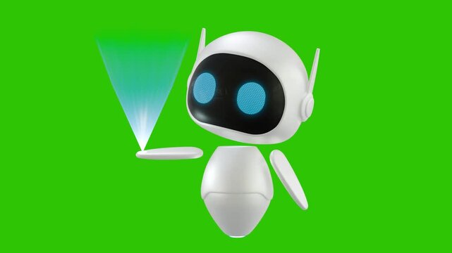 A 3D animated white robot character projects a light-blue conical hologram from its hand and then retracts it. This is a short animation loop designed for video compositing. Green screen background.